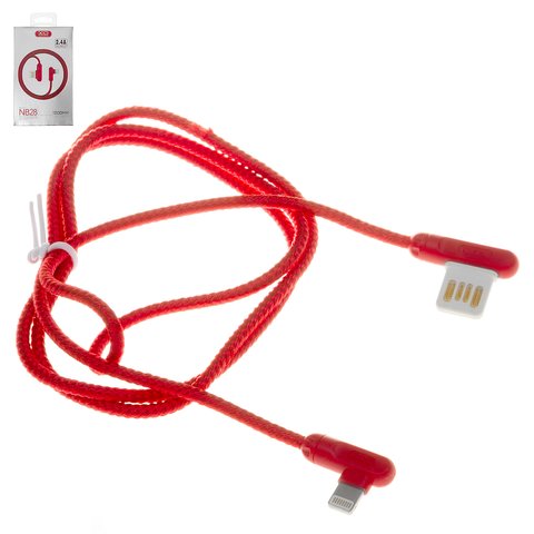 USB кабель XO NB28, USB тип A, Lightning, 100 см, 2,4 А, красный, Г образный, в нейлоновой оплетке
