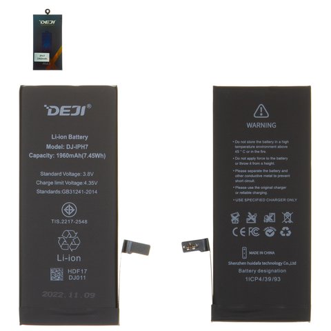 Batería Deji puede usarse con Apple iPhone 7, Li ion, 3.82 V, 1960 mAh, original IC
