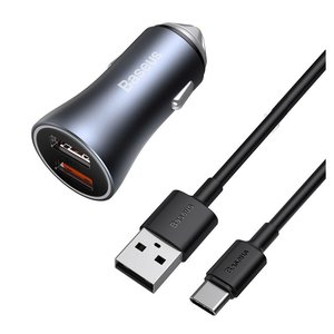 Автомобильное зарядное устройство Baseus Golden Contactor Pro, 2 выходы USB 5V 3A 9V 2A 10V 2A 12V 1,5A , серое, Quick Charge, с USB кабелем тип C, 40 Вт, #TZCCJD A0G