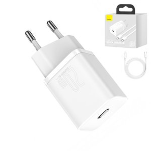 Adaptador de red Baseus Super Si, 20 W, Quick Charge, blanco, con cable USB tipo C Lightning para Apple, 1 puerto, #TZCCSUP B02