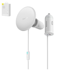 Автомобільний зарядний пристрій Baseus CW01 Magnetic, біле, з кнопкою, з кабелем, 40 Вт, 1 порт, 12 24 B, #SUCX040102