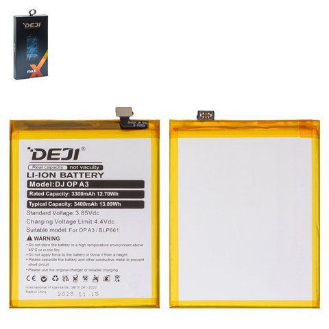 Аккумулятор Deji BLP661 для Oppo A3 2018  CPH1837 , F7, Li ion, 3,85 B, 3400 мАч